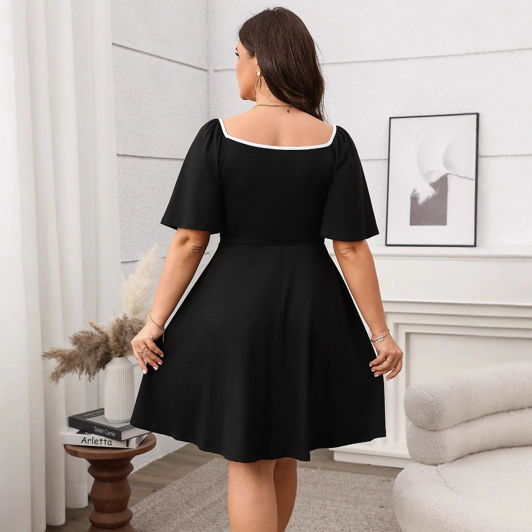 Длинное платье женское европейского стиля, plus size 1XL–4XL, короткие рукава, квадратный вырез с бантом