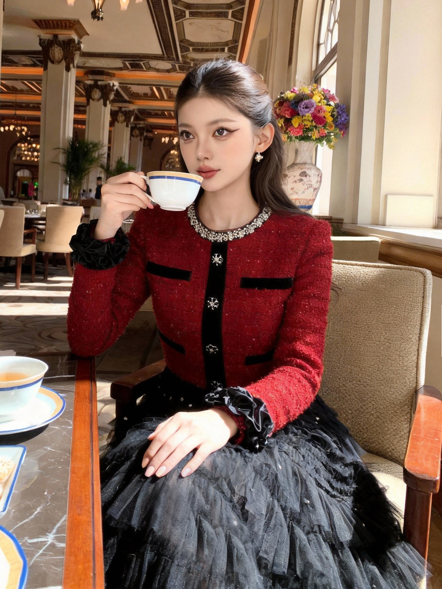 Đầm maxi nữ thắt eo phong cách tiểu thư, tay lỡ phối lưới voan xòe nhẹ — Đen đỏ
