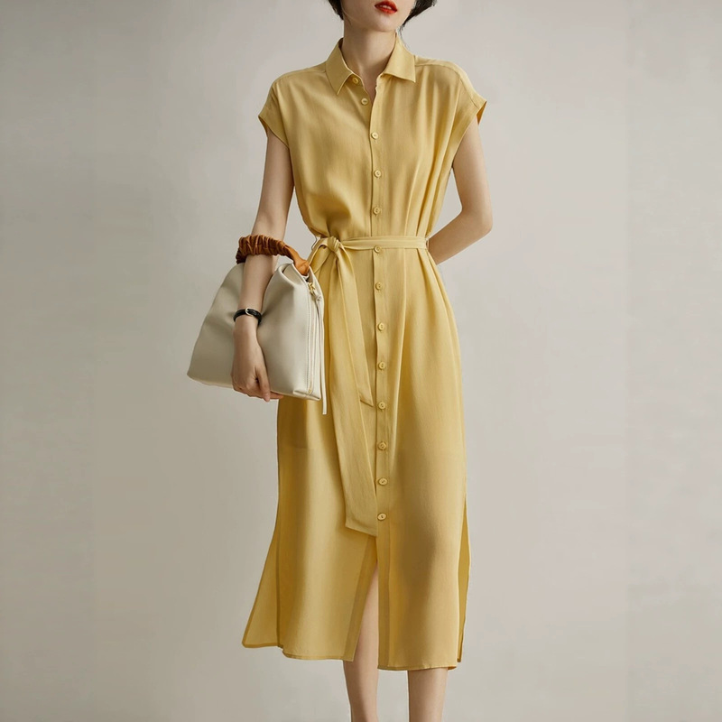 Original High-End Silk Long Dress for Women, Summer 2025 New French-Style Elegant Crepe De Chine Silk Shirt Dress