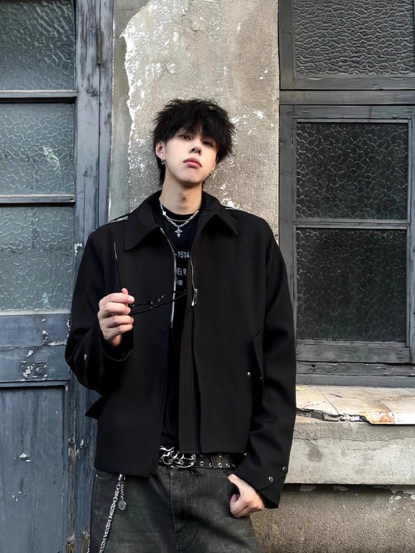 美式黑色外套男秋季新款正肩设计感小众高端痞帅时尚休闲简约夹克|undefined