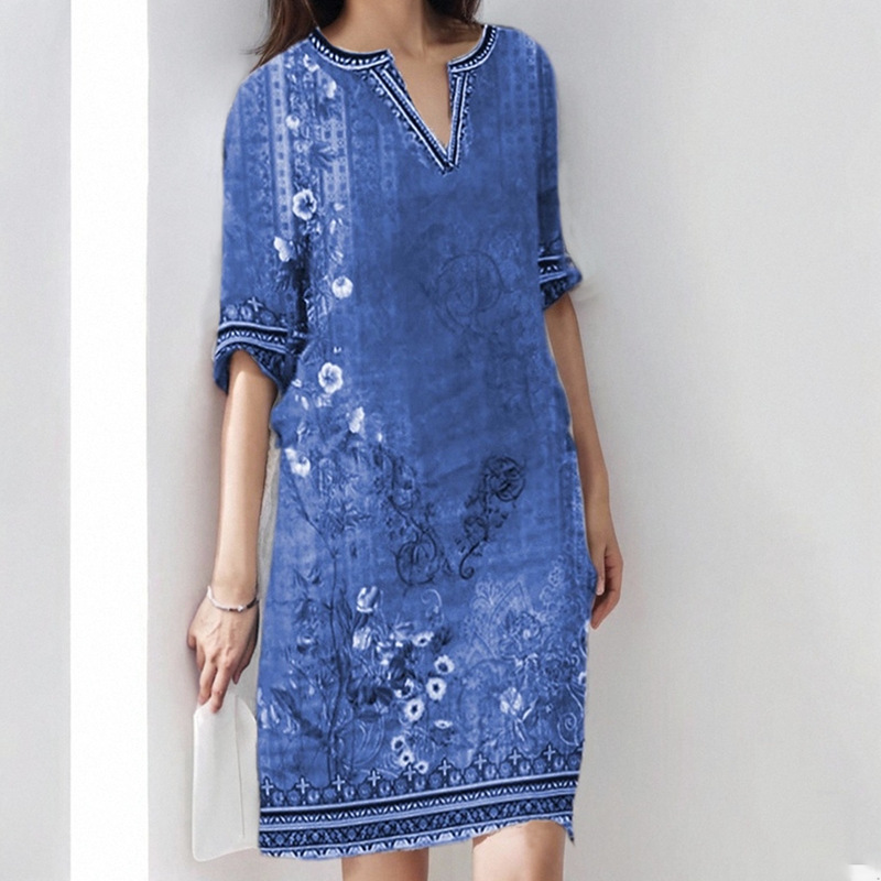 Spring Women's Retro Ethnic Style Mid-Length V-Neck Short-Sleeved Casual Dress For Women_ecoleips.com