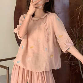 2026夏季新中式葫芦刺绣袖禅意苎麻小衫盘扣上衣女士茶服T恤衫