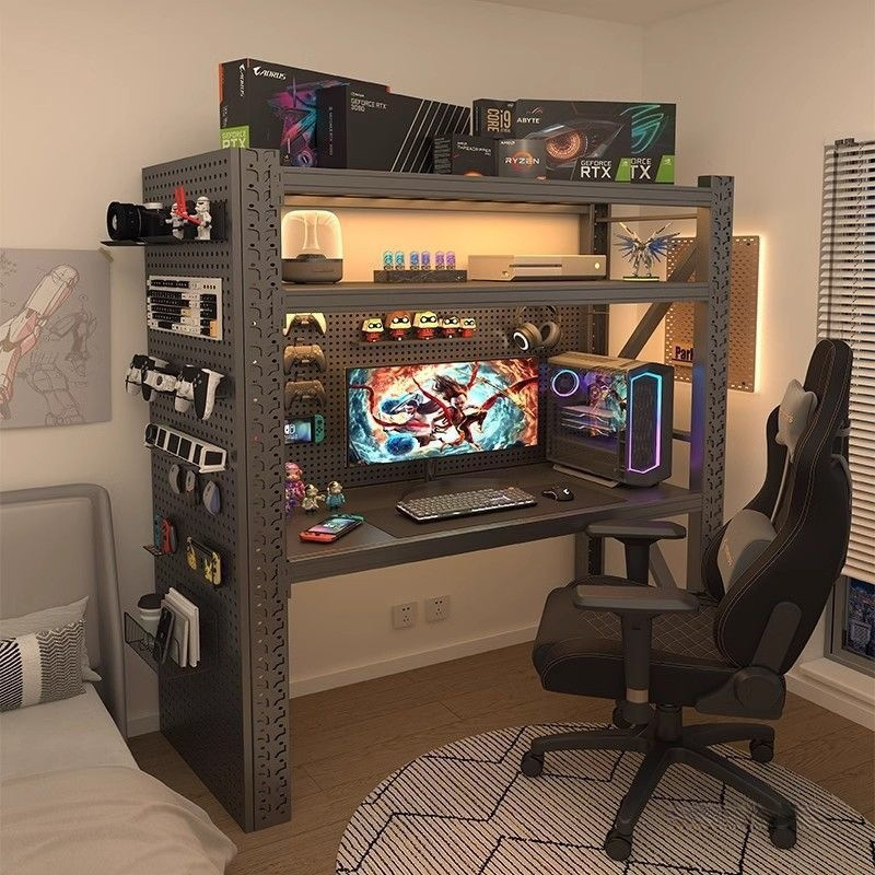 Computer Desk for Home Use, Adjustable Height, Thickened Storage Shelf, Gaming Desk with Perforated Board, Multi-Layer Storage Rack, Workbench Desk
