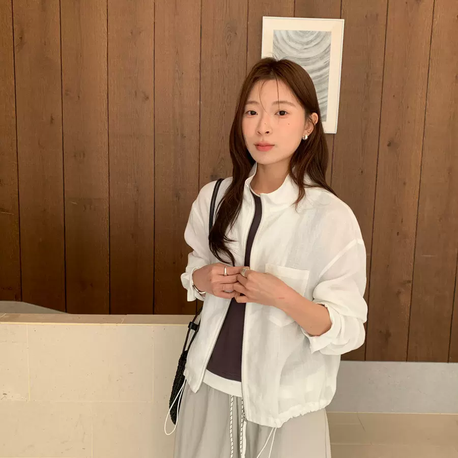 ZHIJIAN-26年早春新品天丝亚麻简约立领拉链抽绳短外套夹克百搭衣