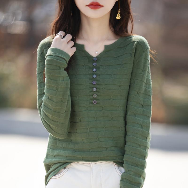 Women's cotton knit sweater, new spring model, round neck, half-open collar with buttons, fashionable, loose fit, plus size, lightweight Women's cotton knit sweater, new spring model, round neck, half-open collar with buttons, fashionable, loose fit, plus size, lightweight