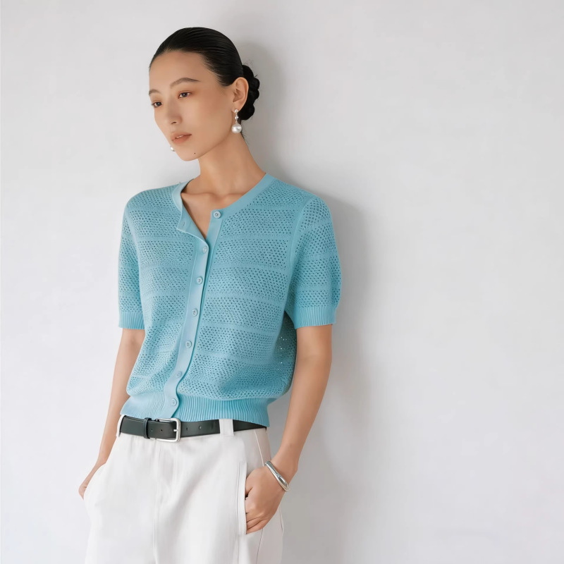 Imported Japanese Paper Yarn! Fashionable Round-Neck Hollow-Out Short-Sleeve Knit Cardigan, Refreshing and Breathable, Not Stuffy, Perfect for Summer