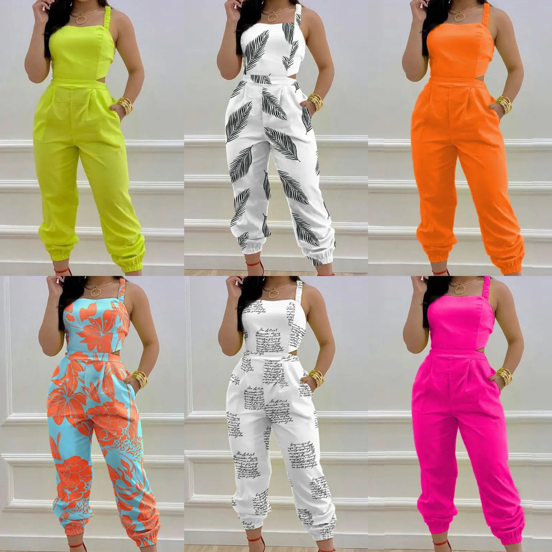 Spring/Summer Women's Suspender Backless Bow Print High Waist Jumpsuit