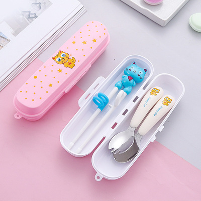 儿童304不锈钢餐具套装 宝宝卡通学习筷训练筷子勺子叉子便携盒装