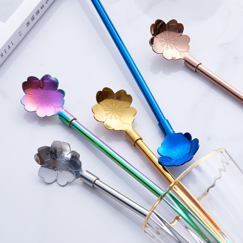 304不鏽鋼吸管勺子櫻花造型創意奶茶飲料果汁雞尾酒吸管攪拌勺