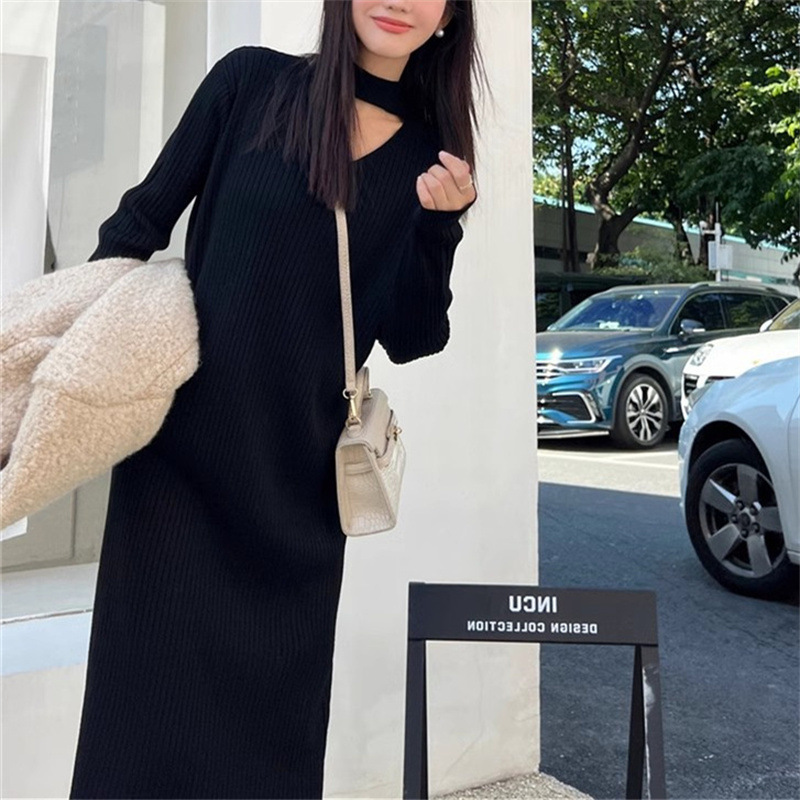 Strickkleid mit hängendem Ausschnitt für Damen im Herbst und Winter 2023, lockeres und langes knielanges Unterteil, gepaart mit Mantel, Pullover und Rock_voghion.com