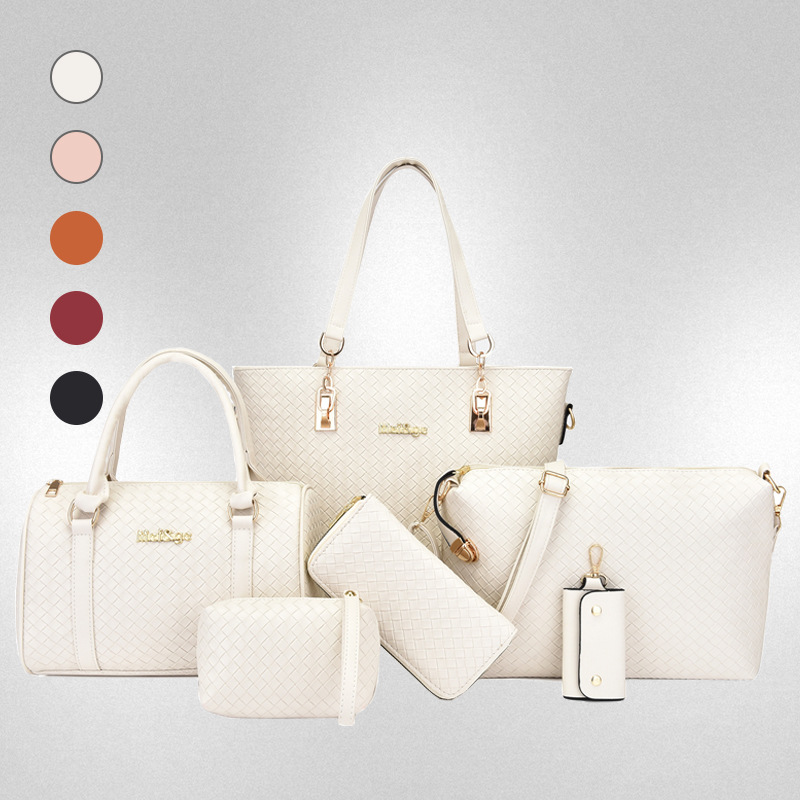 Foreign trade new women's bag solid color PU six-piece woven large capacity simple portable shoulder bag slung wholesale