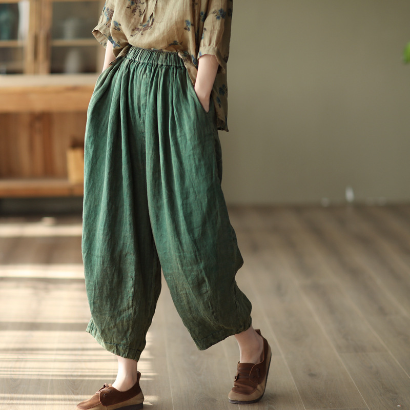 Ancient Cafe Clothing Vintage Light and Thin Ramie Women's Pants Summer Old Fried Color Stone Mill Washing Radish Pants Bloomers