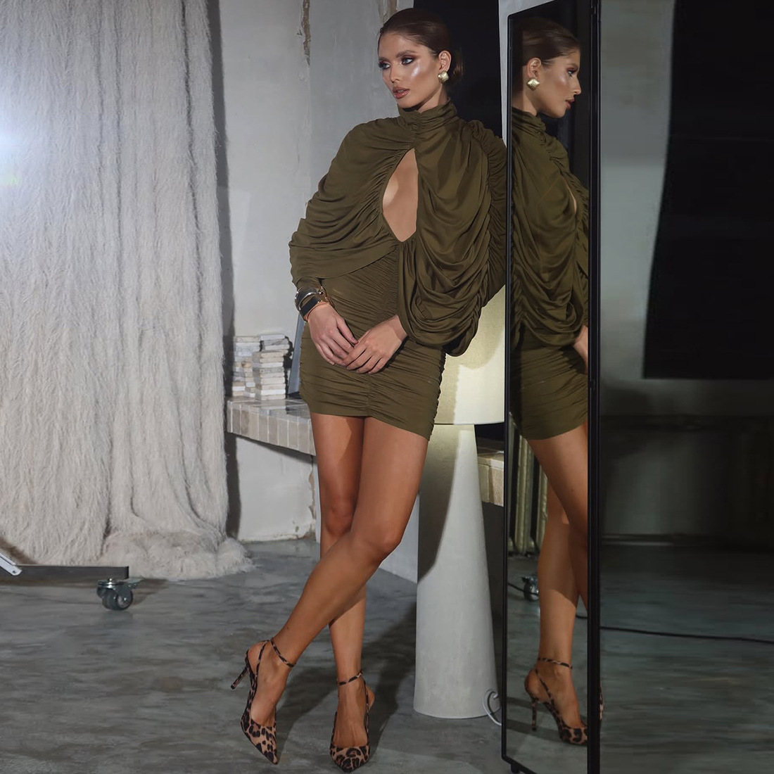 2025 New Autumn and Winter Women's Clothing Cross-Border European and American Fashion Elegant Versatile Pure Color Pleated Sexy Cut Out Dress for Women