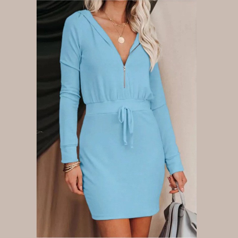 Women's Trendy Solid Color Dress Zip Front Long Sleeve Hoodie Style Waist‑Cinched Casual Daily Wear_ecoleips.com