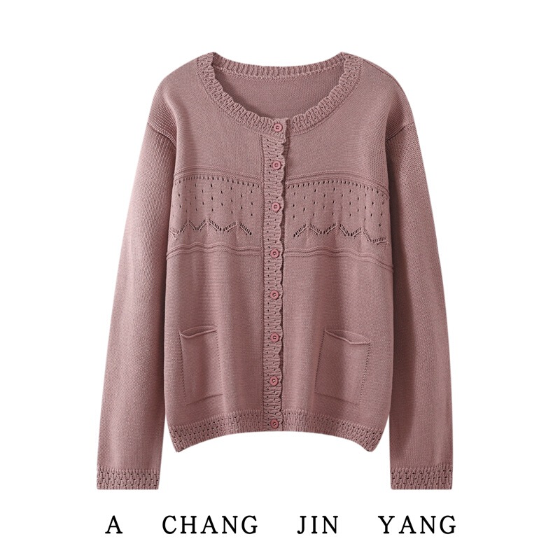 2025 Autumn/Winter New Cotton Lace Round Neck Knitted Cardigan Long Sleeve Women's Hollow Out Loose Top Jacket with Pockets