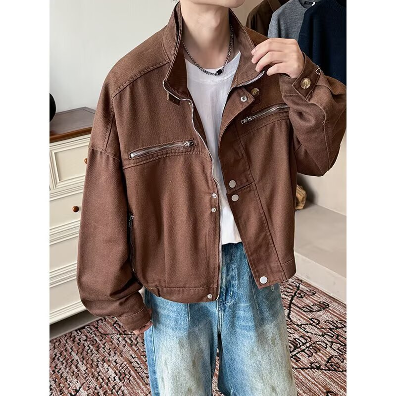 Vintage Washed Detroit Workwear Jacket Men's Autumn American Heavy Letter Embroidery Stand Collar Loose Jacket Brown Vintage Washed Detroit Workwear Jacket Men's Autumn American Heavy Letter Embroidery Stand Collar Loose Jacket Brown