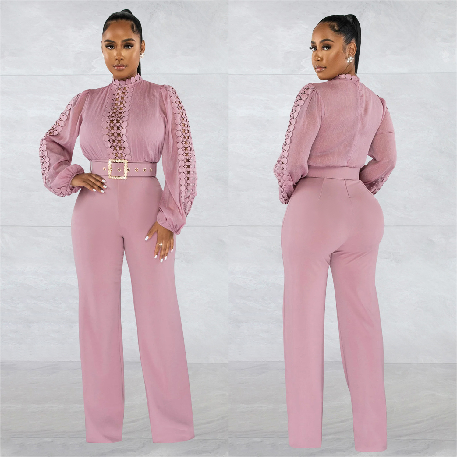 X6345 AliExpress Amazon moda europea y americana de encaje hueco color sólido manga larga pantalones jumpsuit