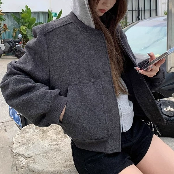 Woolen jacket, baseball short uniform with zipper for leisure, oversize
