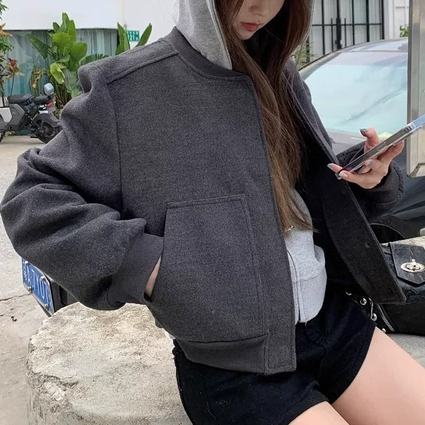 Woolen jacket, baseball short uniform with zipper for leisure, oversize
