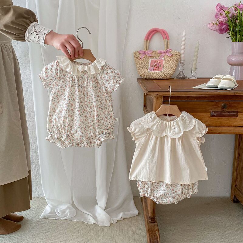 Ins Summer Korean Style Baby Girl Short-Sleeved Doll Collar Floral One-Piece Triangle Harem Girl's Stylish Thin Crawl Suit