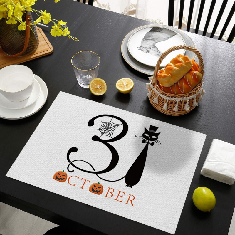国境を越えた売れ筋ハロウィンプリントリネンプレースマット洋食レストランテーブルホーム断熱ナプキン滑り止めテーブルクロスマット|undefined