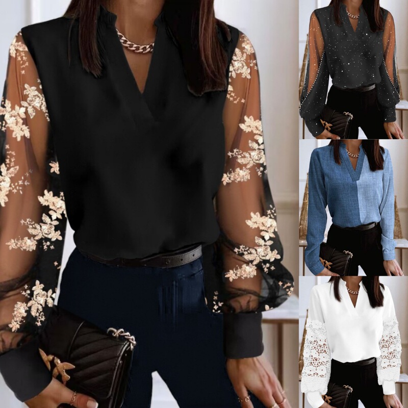 2023 Independent station wish Amazon popular autumn and winter New Fashion V-neck lace long sleeve shirt shirt women's clothing 2023 Independent station wish Amazon popular autumn and winter New Fashion V-neck lace long sleeve shirt shirt women's clothing