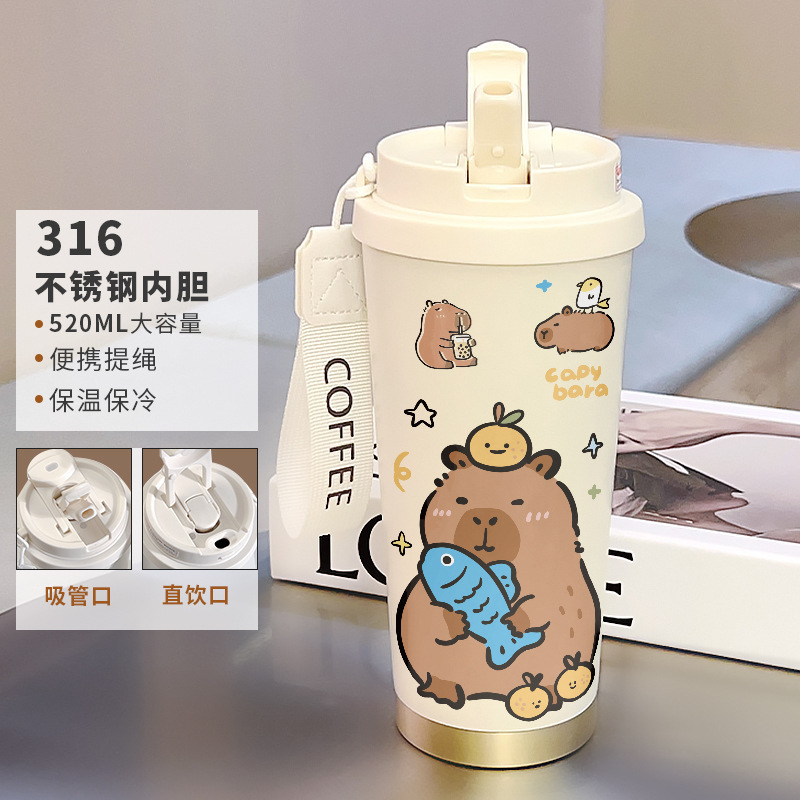 不锈钢内胆咖啡杯卡通有提绳带吸管保温杯女生可爱凯蒂便携随行杯|undefined