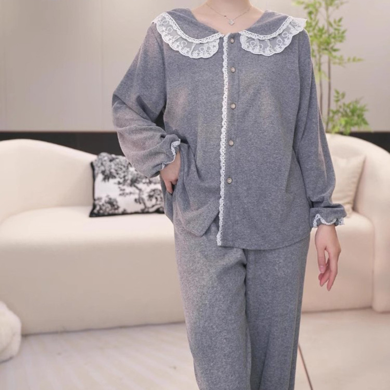 Terry Cloth Pajamas for Women, Autumn and Winter Long-Sleeved Plus Size Doll Collar Light Luxury Set, Simple and High-End Loungewear for Outerwear Terry Cloth Pajamas for Women, Autumn and Winter Long-Sleeved Plus Size Doll Collar Light Luxury Set, Simple and High-End Loungewear for Outerwear