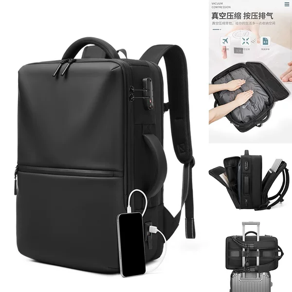 Multifunctional Men's Vacuum Compression Backpack High-Quality Glossy Waterproof Business Commuter Backpack Large Capacity Expansion