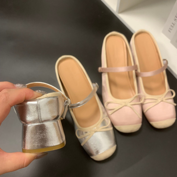 Summer New 2024 Small silver Half Drag Mary Jane Thick Heeled 7.5cm Ballet Shoes for Women