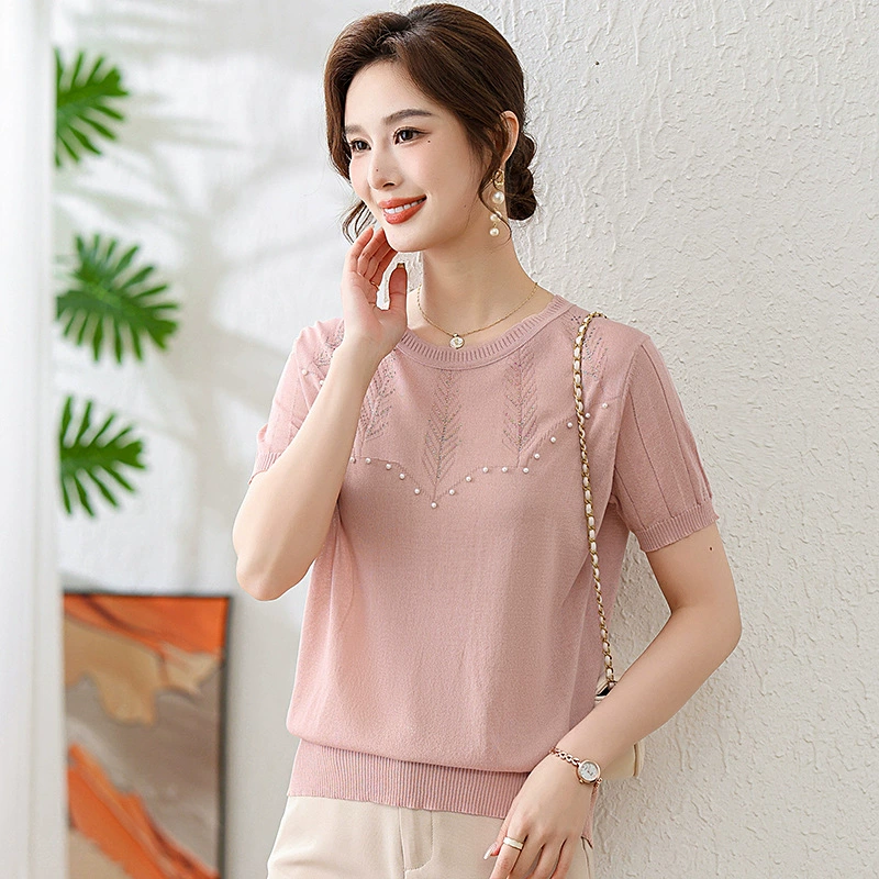 2025 новая мама летняя футболка со льдом с короткими рукавами топ среднего и пожилого женского свободного трикотажа