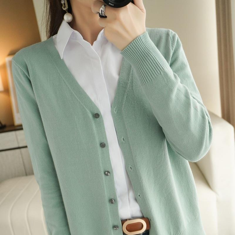 Spring and Autumn New Knitted Cardigan Women's Thin V-Neck Sweater Jacket Loose plus size Outer Long Sleeve Top