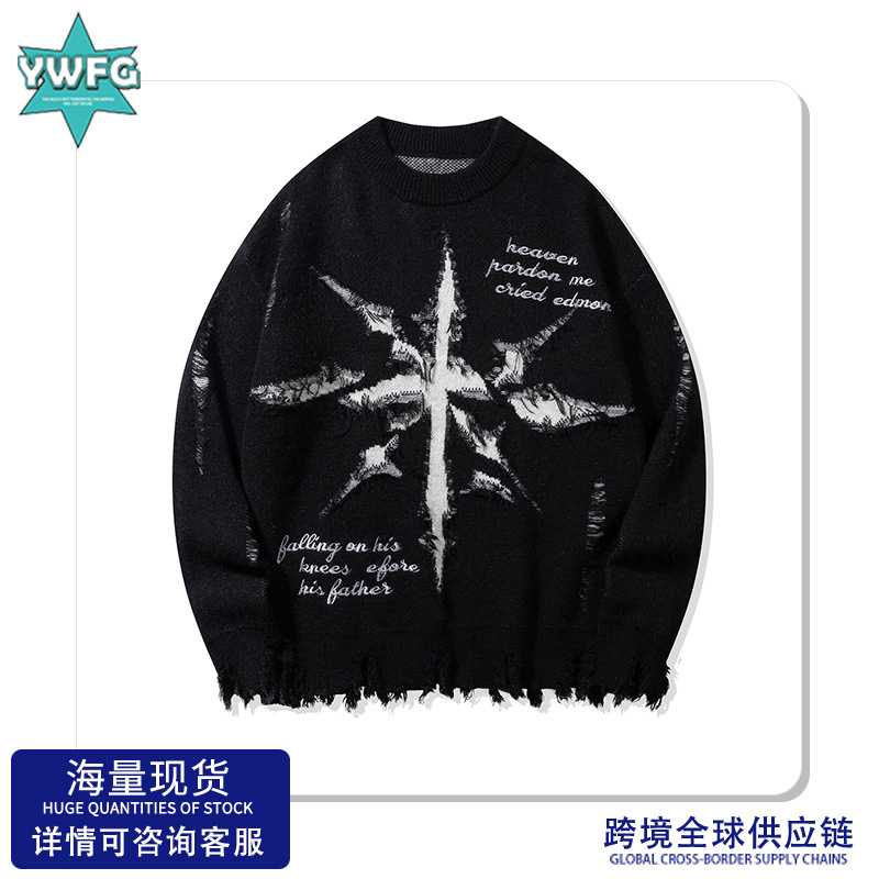 YWFG ropa de mujer americana retro letras de lana 2024 otoño pareja superior versátil cuello redondo manga larga suéter de punto image 1