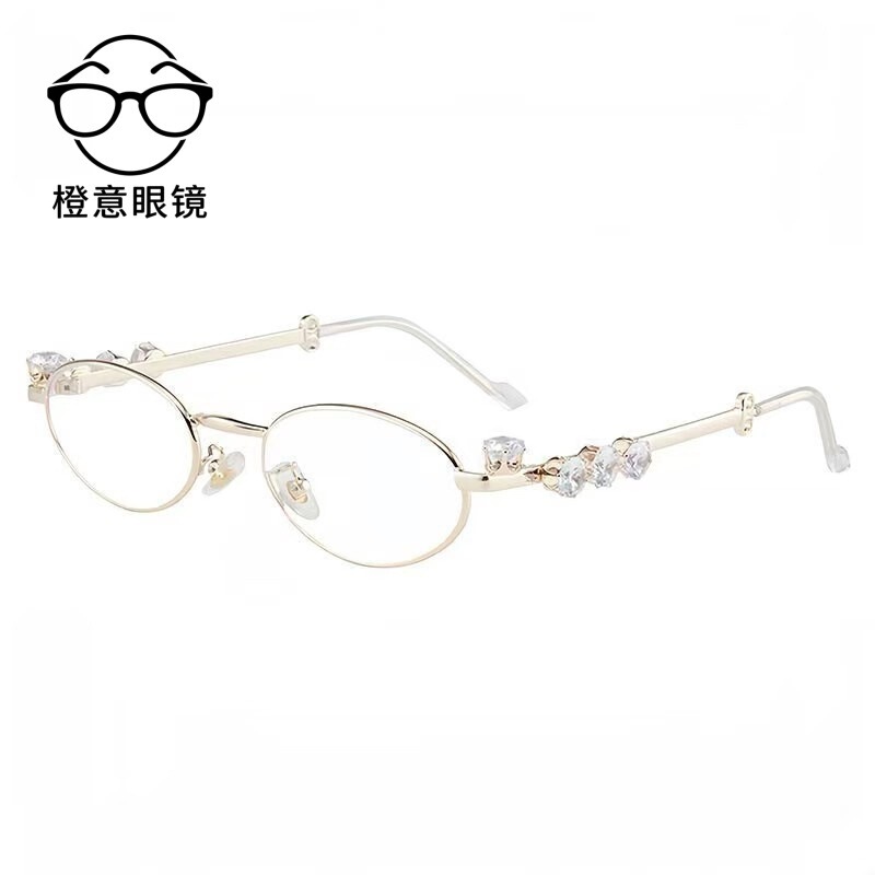 Diamond-embellished oval metal eyeglass frame for women, vintage cat-eye non-prescription glasses, blue light blocking, can be fitted with prescription lenses, high-end feel