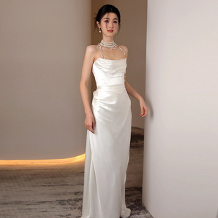 French Satin Light Wedding Dress Bride Simple White Strapless Mori Style Welcome Gauze Banquet Fishtail Dress
