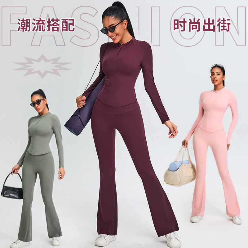 Cross-border nuevo ajuste de yoga delgado y delgado mujer media cremallera camiseta deportiva camiseta de piernas anchas