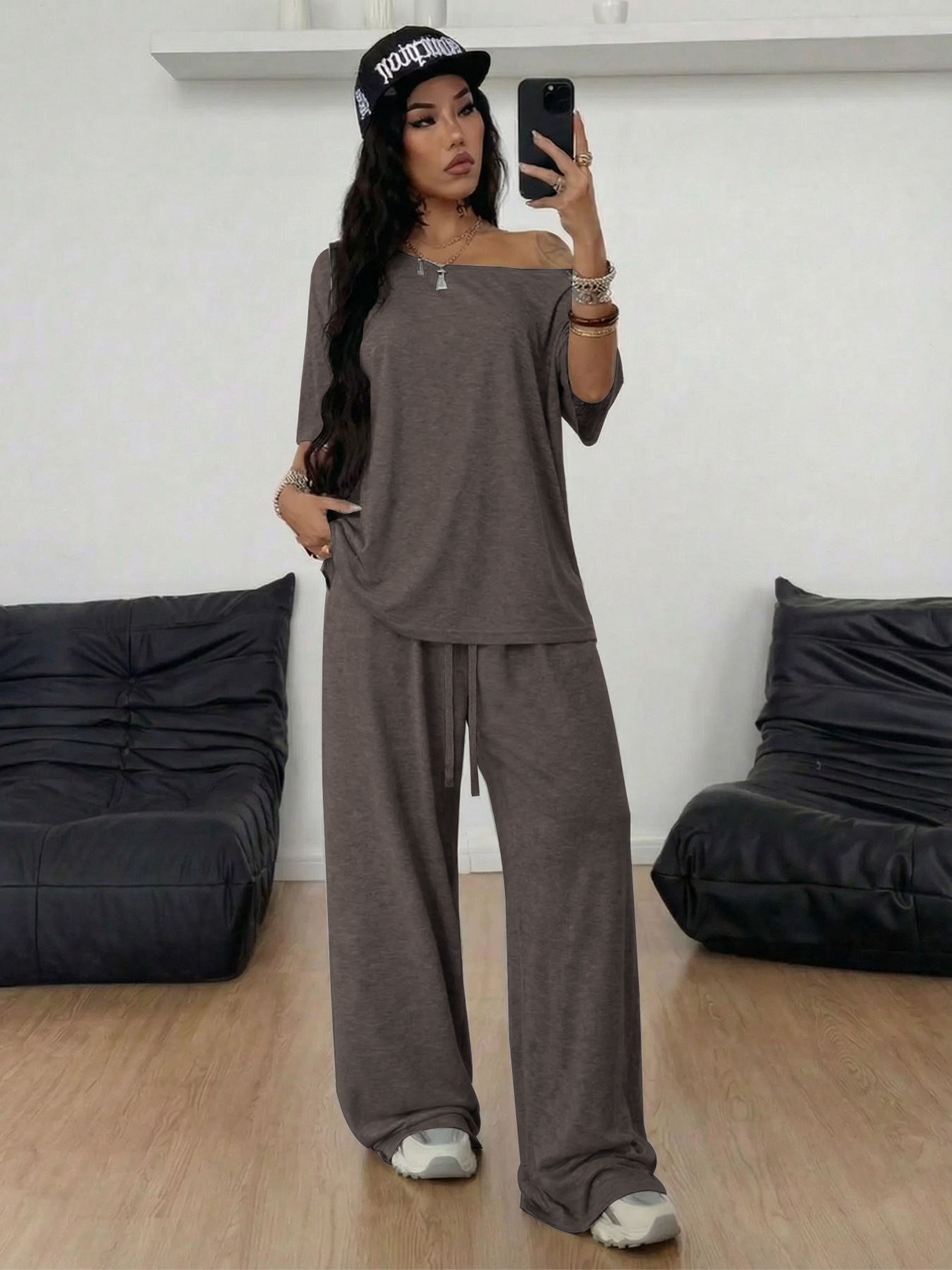 Women's Pant Sets Solid Color Casual Loose Wide Leg Two Piece Suit_voghion.com