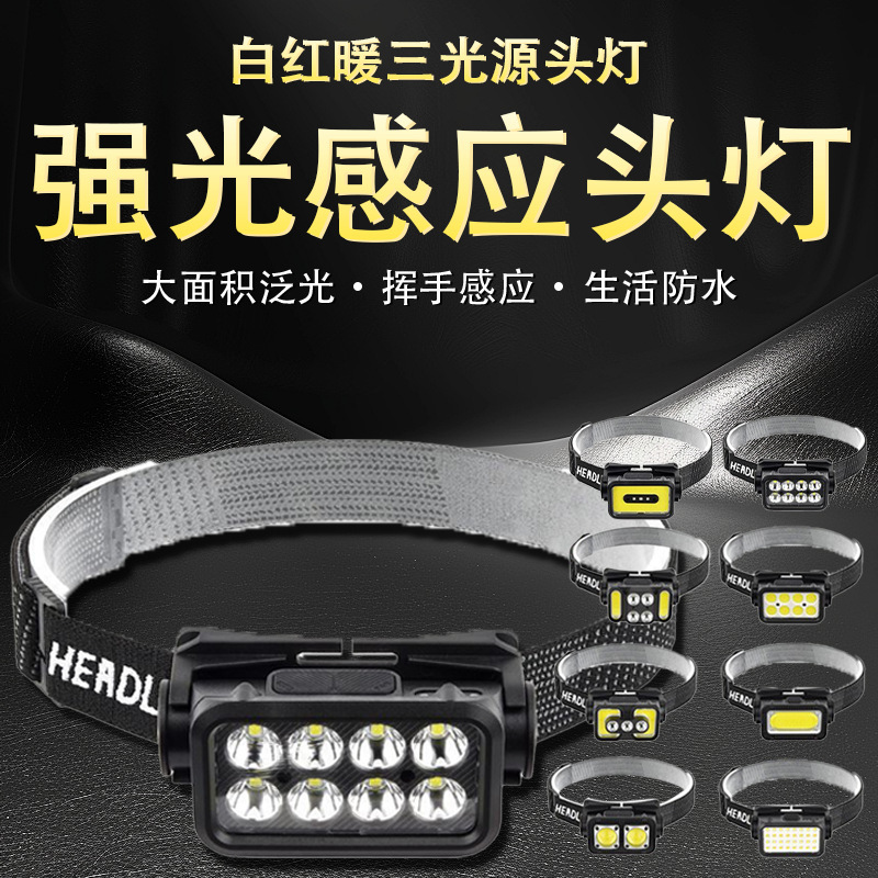 Intelligent Strong Light Headlight Wave Sensor Electric Display Headlight Portable Head-Mounted Running Light Outdoor Home Emergency Work Light
