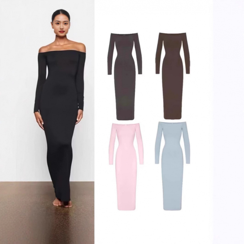 Skims Kardashian-Style Retro Off-Shoulder Long-Sleeve Dress with a Slim Fit and Slit for Women Skims Kardashian-Style Retro Off-Shoulder Long-Sleeve Dress with a Slim Fit and Slit for Women