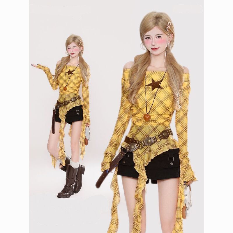 American Retro Plaid Ribbon One-Shoulder Long-Sleeved T-Shirt for Women 2025 Autum New Sexy Slimming Look Top American Retro Plaid Ribbon One-Shoulder Long-Sleeved T-Shirt for Women 2025 Autum New Sexy Slimming Look Top