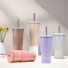 2024 new style 710ml pearl milk tea cup anti-slip double-layer stainless steel straw cup multi-color straw insulated water cup
