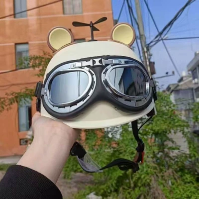 a half-helmet design, Motosiklet kaskı (dəbilqə) - 3c-certified-milky-white-brownish-yellow-bear-ears-sunglasses-black-windmill