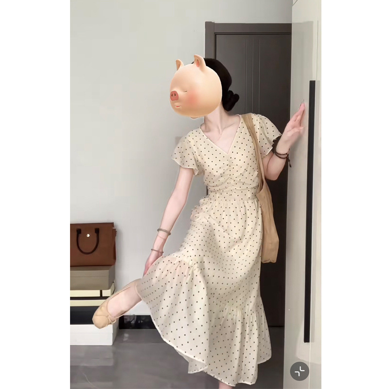 Plus Size French Collar Polka Dot Ruffled Sleeves Slimming Waist Casual Dress High Waist White Skirt