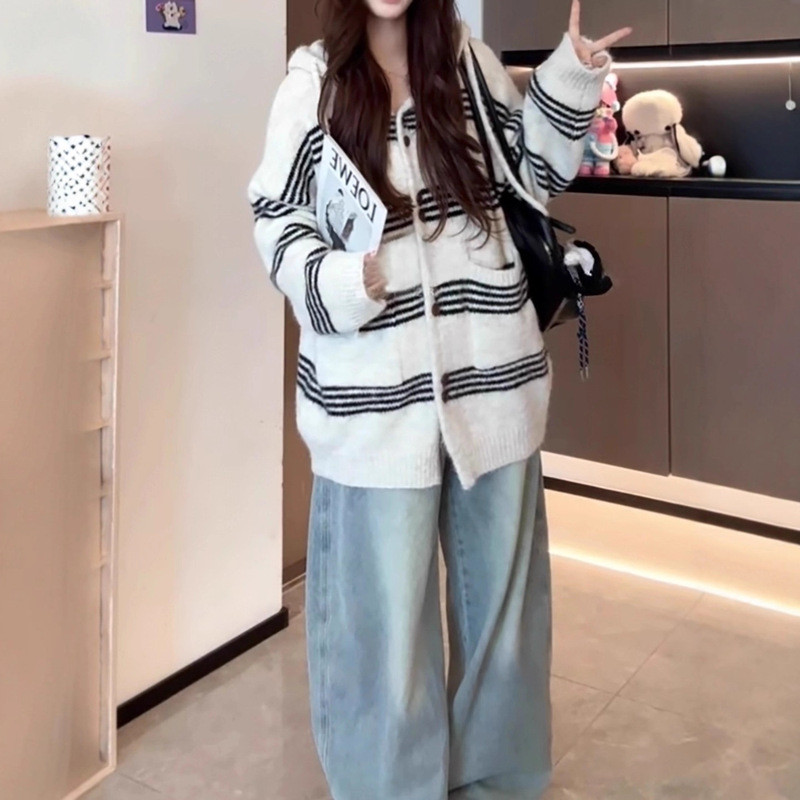 软糯慵懒风拼色条纹连帽2025秋冬毛衣女长袖宽松大码针织开衫外套|undefined