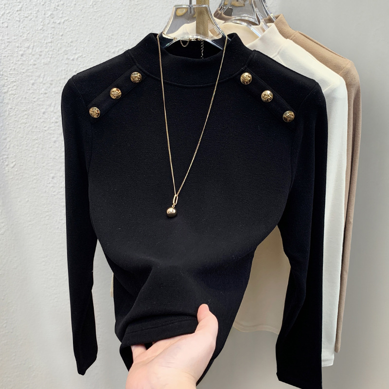 Camisa de fondo de terciopelo alemán con cuello medio alto para mujer 2024 nuevo estilo de otoño e invierno que se puede usar en el exterior, top de diseño de estilo occidental delgado image 7