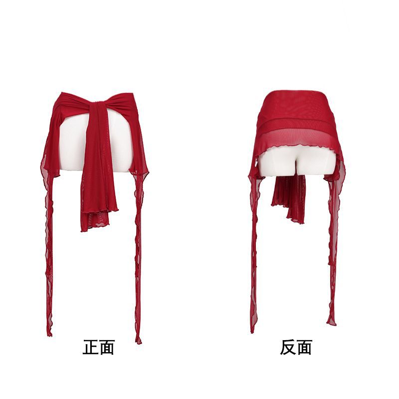 Burgundy tassel mesh top [can be worn twice and can be worn with the waist] / One size fits all