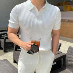 夏季条纹短袖POLO衫男韩版修身翻领纯色休闲薄款针织外贸跨境批发