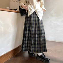 韩国春秋英伦复古学院风绿色格子半身裙女生长裙高腰遮肉显瘦大摆