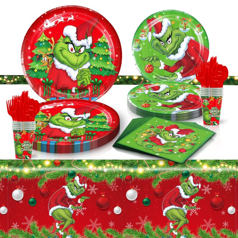 Grinch Theme Christmas Party Decoration Atmosphere Layout Paper Tray Paper Towel Paper Cup Disposable Tableware Set