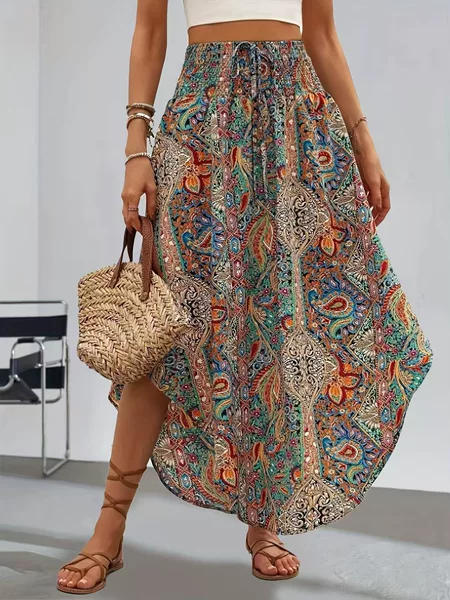 In Stock Amazon European and American Cross-Border Hot-Selling Spring and Summer New Bohemian Ethnic Style Personalized Printed A-Line Skirt Casual